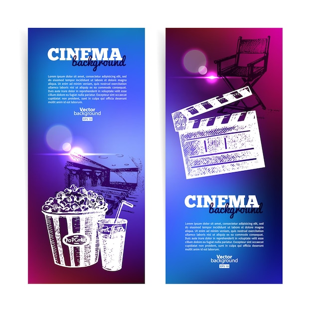 Satz von Filmkino-Bannern. Hintergrund mit handgezeichneten Skizzenillustrationen und Lichteffekten