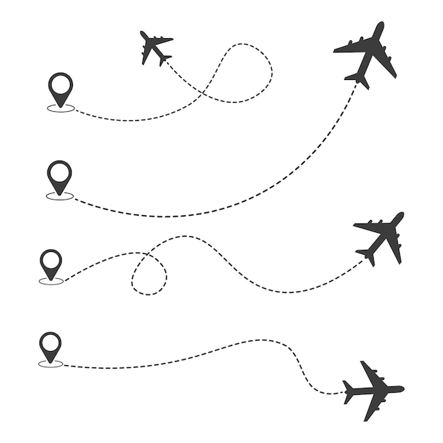 Satz von Flugrouten mit gestrichelter Linie und Standortsymbol