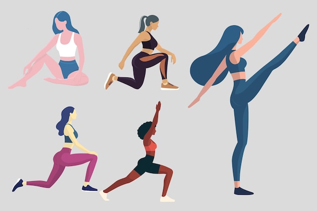 Satz von Frauen, die Yoga und Übungen machen, Illustration