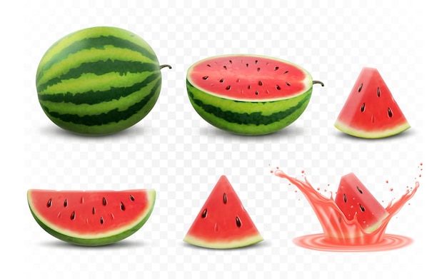 Satz von frischen ganzen halb geschnittenen scheiben und stück wassermelone isoliert auf weißem hintergrund vektorsymbole für vegane lebensmittel in einem trendigen realistischen 3d-stil konzept für gesunde ernährung