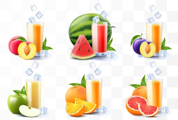 Satz von Fruchtsaften oder Smoothies, die auf durchsichtigem Hintergrund isoliert sind, leuchtend exotischer Fruchtcocktail