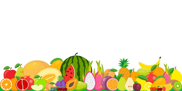 Satz von Früchten Wassermelone Ananas Pfirsich Zitrone Vegetarier Orange Essen Apfel Birne Banane Kirsche Erdbeere Trauben Kiwi Mango Melone Pflaume Papaya auf Hintergrund isoliert