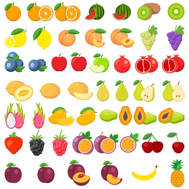 Satz von Früchten Wassermelone Ananas Pfirsich Zitrone Vegetarier Orange Essen Apfel Birne Banane Kirsche Erdbeere Trauben Kiwi Mango Melone Pflaume Papaya auf Hintergrund isoliert
