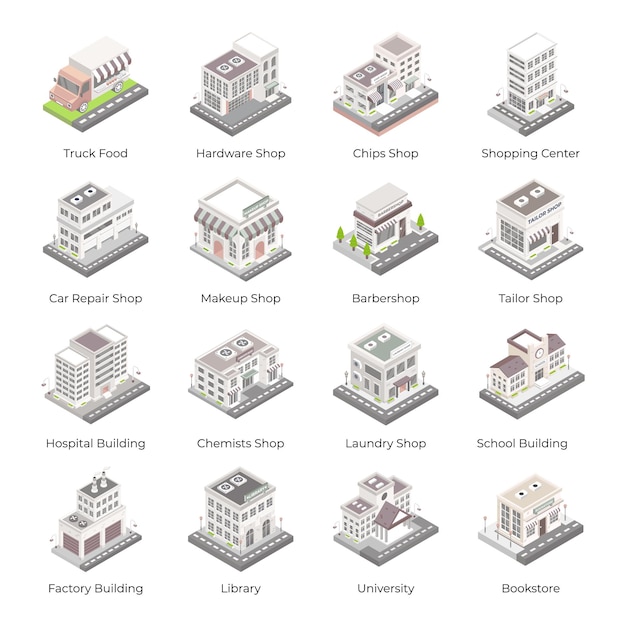 Satz von Gebäuden und Architekturen Isometrische Symbole