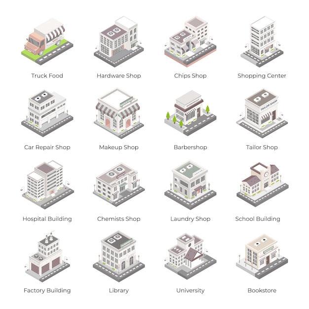 Satz von gebäuden und architekturen isometrische symbole