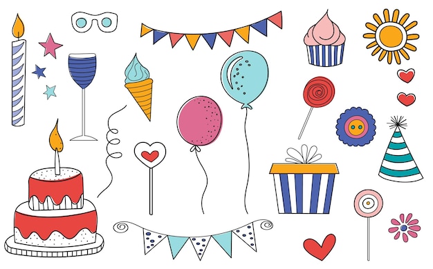Satz von Geburtstagselementen im Doodle-Stil auf einem weißen Hintergrundvektor