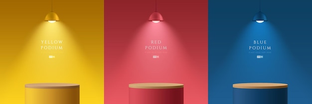 Satz von gelb-blau-rotem Holz realistisches 3D-Zylinder-Ständerpodium im abstrakten Raum mit Hängelampen
