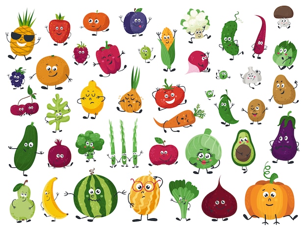 Satz von Gemüse, Obst und Beeren im Cartoon-Stil