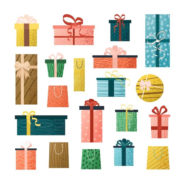 Satz von Geschenkkisten und Taschen mit Bändern, Bogen, gemusterten Verpackungspapiern, isolierten flachen Elementen