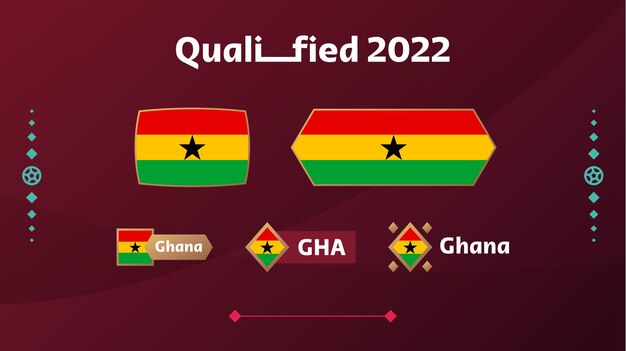 Satz von ghana flagge und text auf dem hintergrund des fußballturniers 2022 vektorgrafik fußballmuster für bannerkarte website nationalflagge ghana