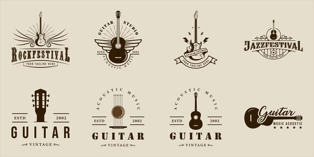 Satz von gitarrenlogo vintage vektor illustration vorlage symbol grafikdesign bündel sammlung von akustischen und elektrischen musikinstrumenten zeichen oder symbolen für gitarristenband oder ladengeschäft