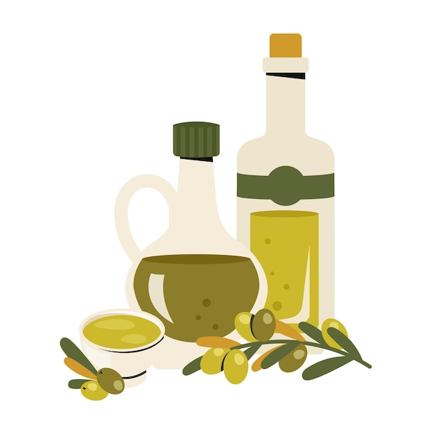 Satz von Glasflaschen mit Olivenöl Krug mit Korkflasche mit Extra-Virgin-Olivenöl Olivenblättern Vektor