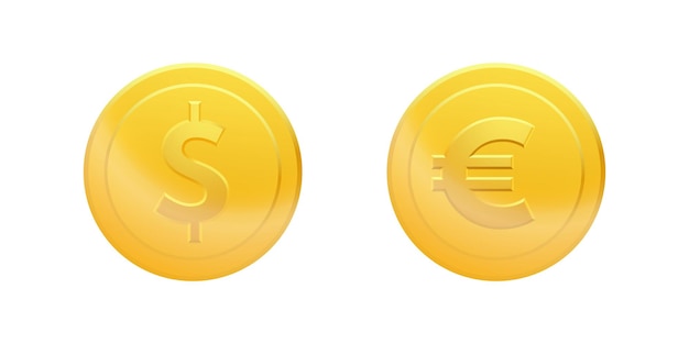 Satz von Gold-Dollar- und Euro-Münzen, die auf weißem Hintergrund isoliert sind