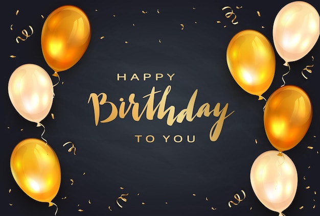 Satz von goldenen feiertagsballons und konfetti auf schwarzem hintergrund mit schriftzug happy birthday to you illustration kann für feiertagsdesign-plakatkarten-website-banner-grußkarten verwendet werden