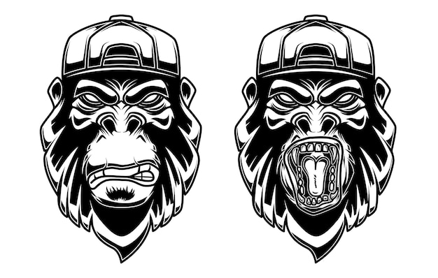 Vektor satz von gorilla in baseballmütze auf weißem hintergrund. gestaltungselement für logo, label, emblem, schild, poster, t-shirt.