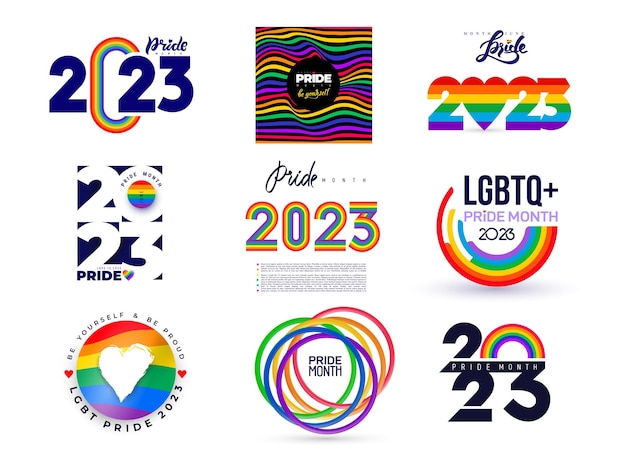 Satz von grußlogos für lgbtqia pride 2023 month social media post mit groovy queer slogans und phrase template lgbt rainbow flag farben liebeswort in herzform und gay pride ladebalken vektor