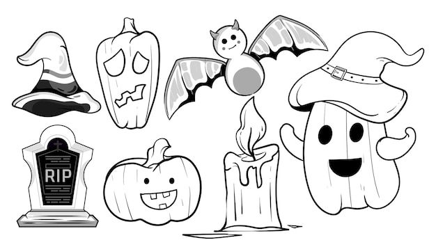 Vektor satz von halloween-doodle-schwarz-weiß-halloween-elementen-cliparts. gruselige sammlung