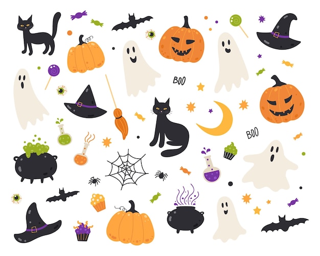 Satz von halloween-elementen geister hüte besen schwarze katze lustige kürbisse cartoon-vektor-illustration