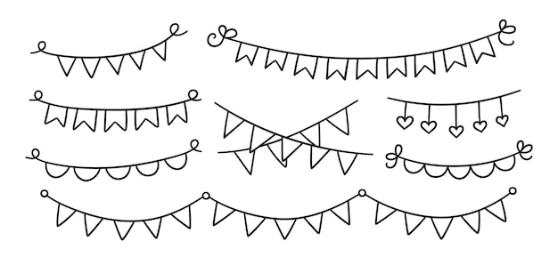 Satz von hand gezeichneten feiertagsflaggen. gekritzel-geburtstagsgirlande von flaggen. kinder kritzeln zeichnung. isolierte vektorillustration auf weißem hintergrund