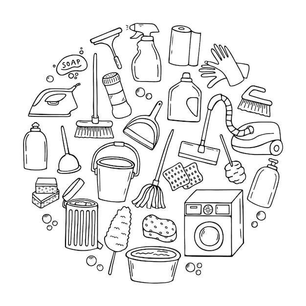 Vektor satz von hand gezeichneten reinigungsservice-doodle.
