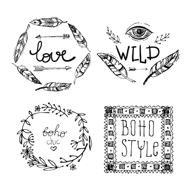 Satz von handgezeichneten elementen im boho-stil boho-vektorillustration tribal-elemente für boho-hochzeit