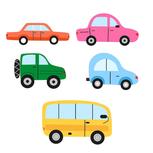 Satz von handgezeichneten farbigen autos im einfachen stil für kinder. vektor-illustration