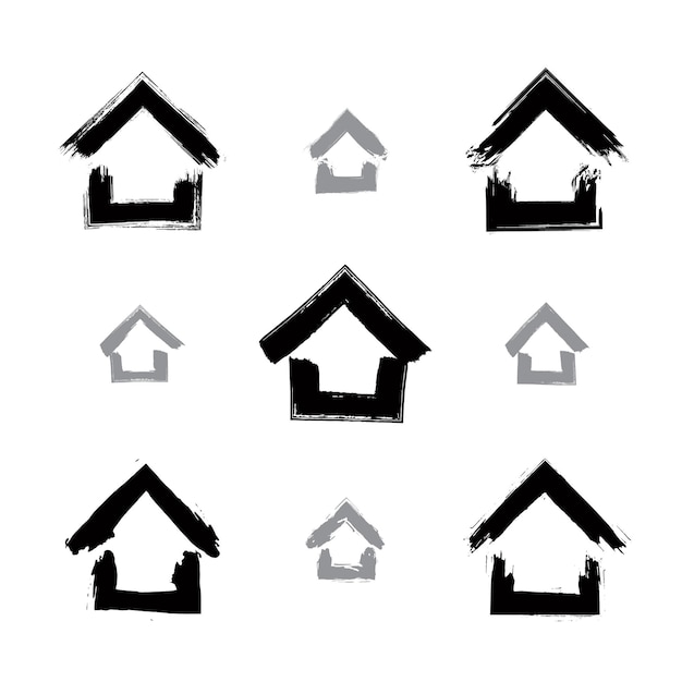 Satz von handgezeichneten monochromen heimsymbolen, sammlung von schwarz-weißen immobilien-logos, einfache cottage-schilder. handgemalte haussymbole, die mit echtem tintenpinsel erstellt wurden, isoliert auf weißem hintergrund.