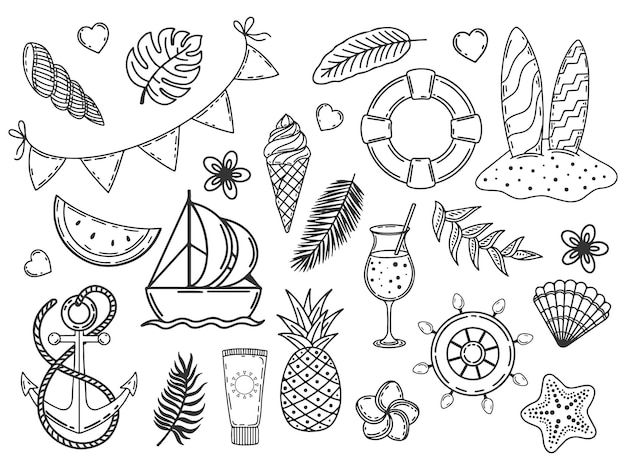 Satz von handgezeichneten monochromen sommerelementen fruchtgetränke palmblätter blumen schwarz-weiß-objekte isoliert auf weißem vektor-illustration doodle-stil