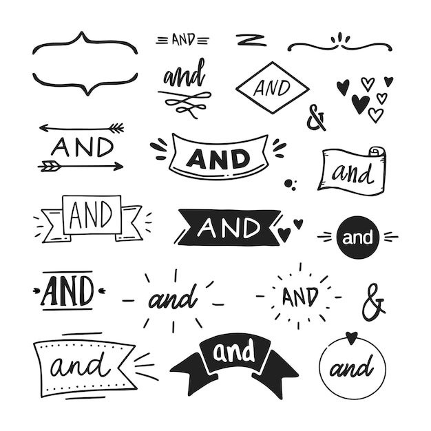 Satz von handgezeichneten 'Und'-Wörtern und kaufmännischen Und-Zeichen. Vektor-Illustration
