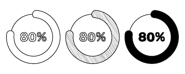 Satz von handgezeichneten vektor-prozentdiagramm 80 im doodle-cartoon-stil auf weißem hintergrund