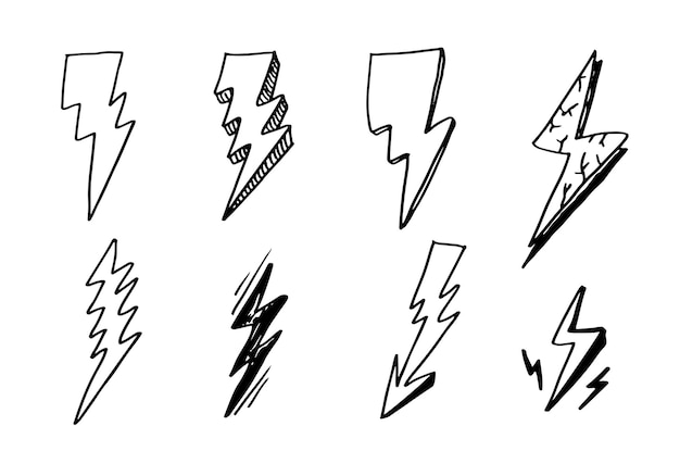 Satz von handgezeichneten vektorgekritzel elektrischen blitzsymbol skizzenillustrationen donnersymbol-doodle-symbol