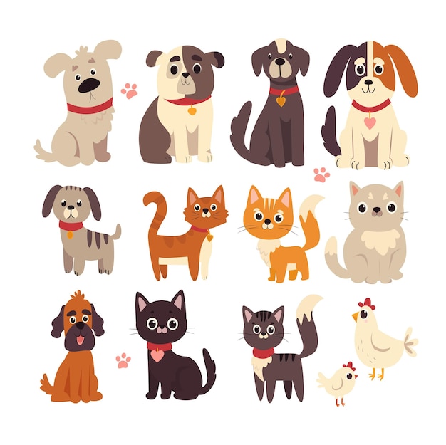 Satz von Haustierkatzen und Hunden Satz von Katzen und Hunden Vektor-Illustration von Petsx