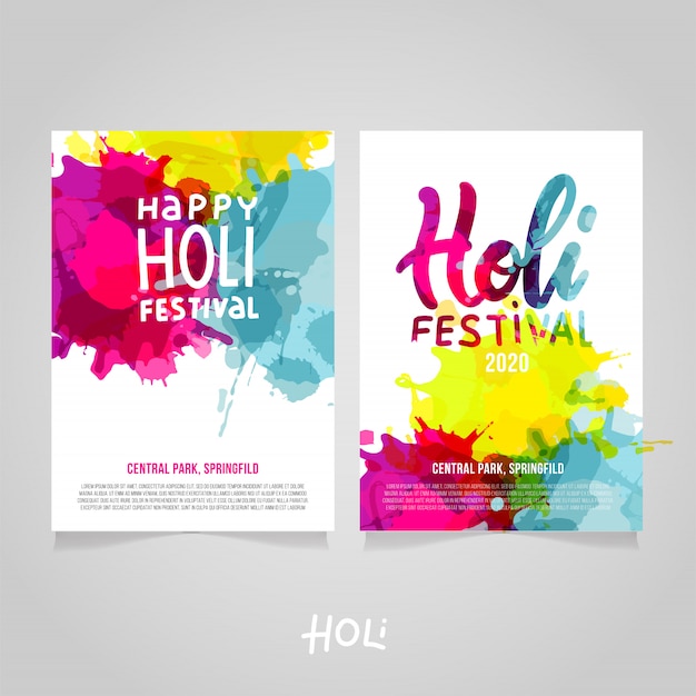 Satz von holi festival a4 s mit abstrakter bunter regenbogenfarbe spritzt. plakat-, broschüren-, fahnen- oder fliegerschablone mit beschriftung happy holi festival mit beispieltext