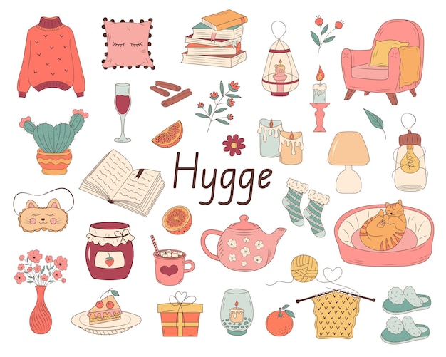 Satz von Hygge-Symbolen Warme und gemütliche Dinge Handgezeichnete Illustration im Doodle-Stil