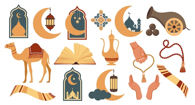 Satz von ikonen des arabischen islamischen feiertags ramadan satz von ikonen der islamischen feiertagskultur.