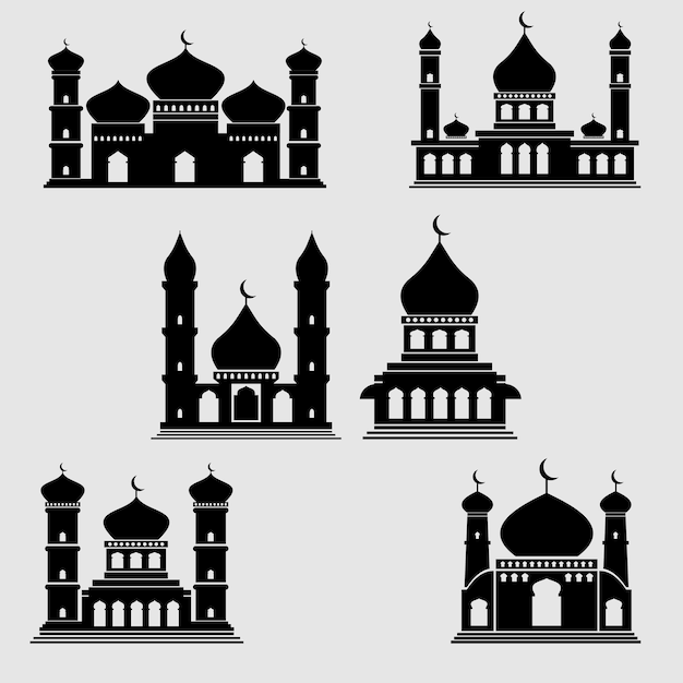 Vektor satz von ikonen und logo-vektoren der silhouette einer moschee