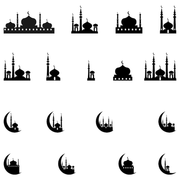 Vektor satz von ikonen und logo-vektoren der silhouette einer moschee