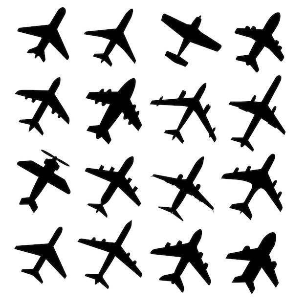 Satz von isolierten flugzeug flug jet flat icon schwarz-weiß-flugzeuge silhouetten