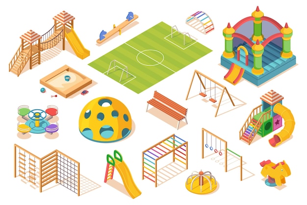 Satz von isolierten spielplatzelementen, isometrische ansicht. kinder oder kinder spielen bodengeräte. rutsche und karussell, fußballplatz und schaukel, sandkasten, schwedische leiter, burg und bank. spiel- und spielgegenstand