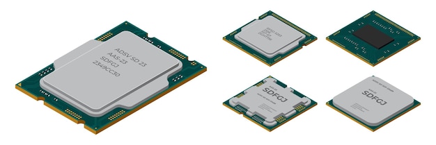 Satz von isometrischen Prozessoren Zentrale Verarbeitungseinheit oder CPU Computer-Hardware-Komponenten Halbleiter-Technologie-Konzept Vektor-Illustration