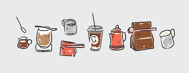 Vektor satz von kaffeelementen, kesselbecher und tassen, trend-vektor-doodle-illustrationen für kaffeehäuser und