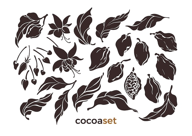 Satz von kakaoblatt bohnen blume schokolade hand zeichnen vintage gruppe organische silhouette