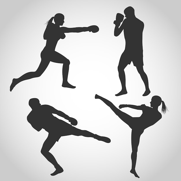 Satz von kickboxen silhouette männer und frauen