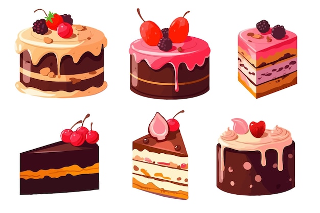 Satz von köstlichen Kuchenstücken mit Glasur und Sahne und Obst-Topping im Zeichnungsstil Sammlung von