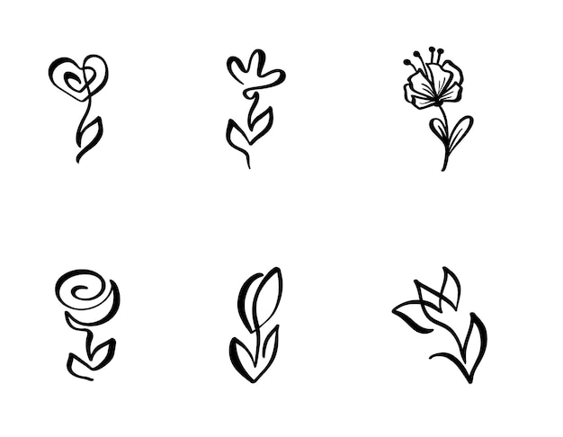 Satz von kontinuierlichen Strichzeichnungen Vektor kalligrafisches Blumenlogo schwarze Skizzenikone von Pflanzen isoliert