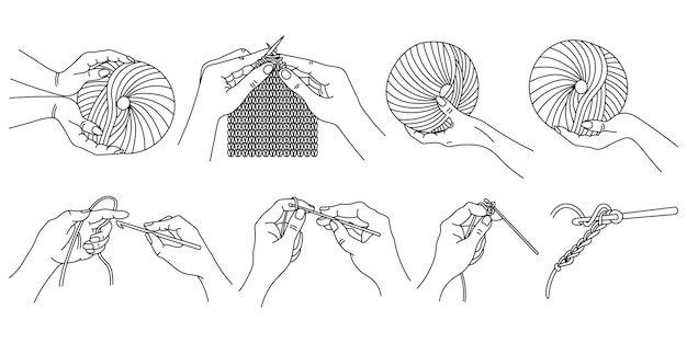 Satz von konturillustrationen häkeln und stricken. hände mit stränge, hände mit stricknadeln