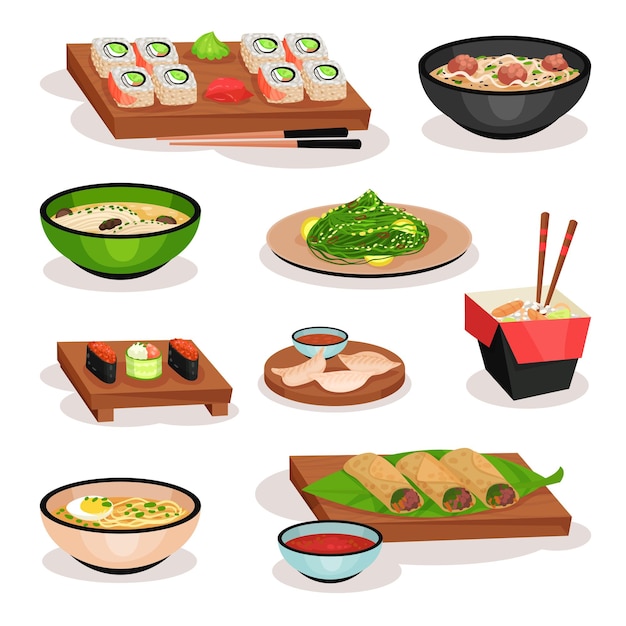 Satz von leckerem asiatischem Essen Sushi-Suppen Frühlingsrollen gekochte Knödel und Nudeln Orientalische Gerichte Grafische Elemente für ein Menü oder ein Rezeptbuch Farbige flache Vektor-Ikonen, die auf weißem Hintergrund isoliert sind