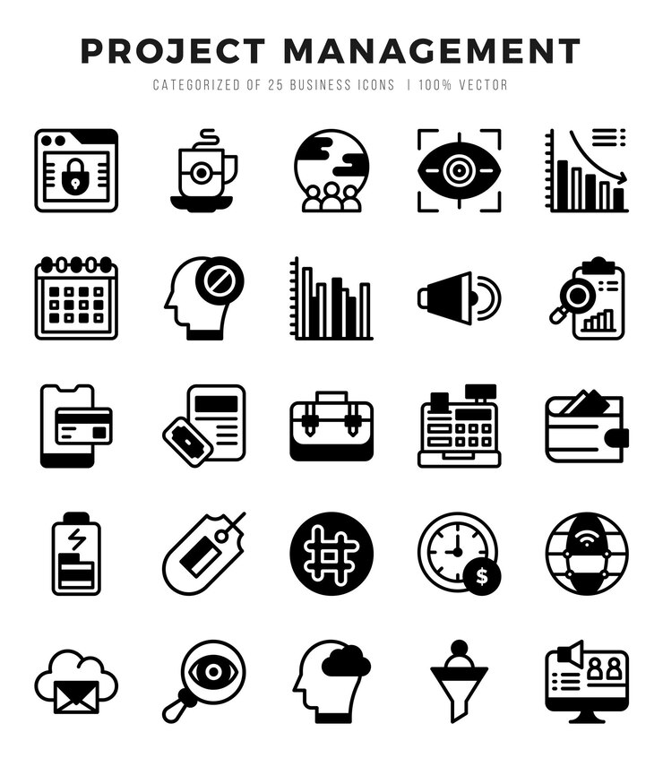 Satz von linear gefüllten Ikonen für das Projektmanagement Linear gefüllte Kunst-Ikonen Vektorillustration