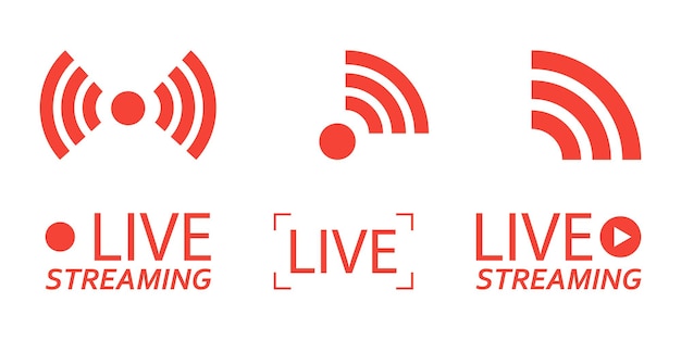 Satz von live-streaming-symbolen rote symbole und schaltflächen für die live-streaming-übertragung von online-streams dritte vorlage für tv-shows, filme und live-auftritte vektorillustration