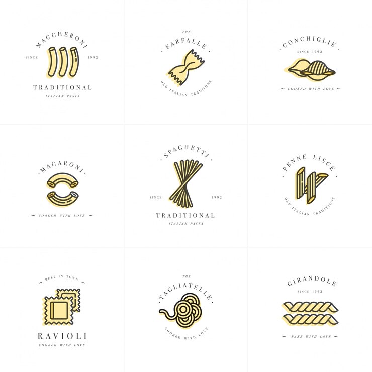Satz von Logo-Design-Vorlagen und Emblemen oder Abzeichen. Italienische Pasta - Nudeln, Makkaroni. Lineare Logos.
